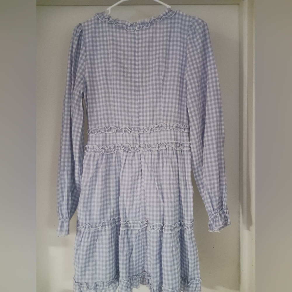 Allison + Kelly Long Sleeve Ruffle Trim Gingham Fit And Flare Lavender Dress. - Picture 4 of 5